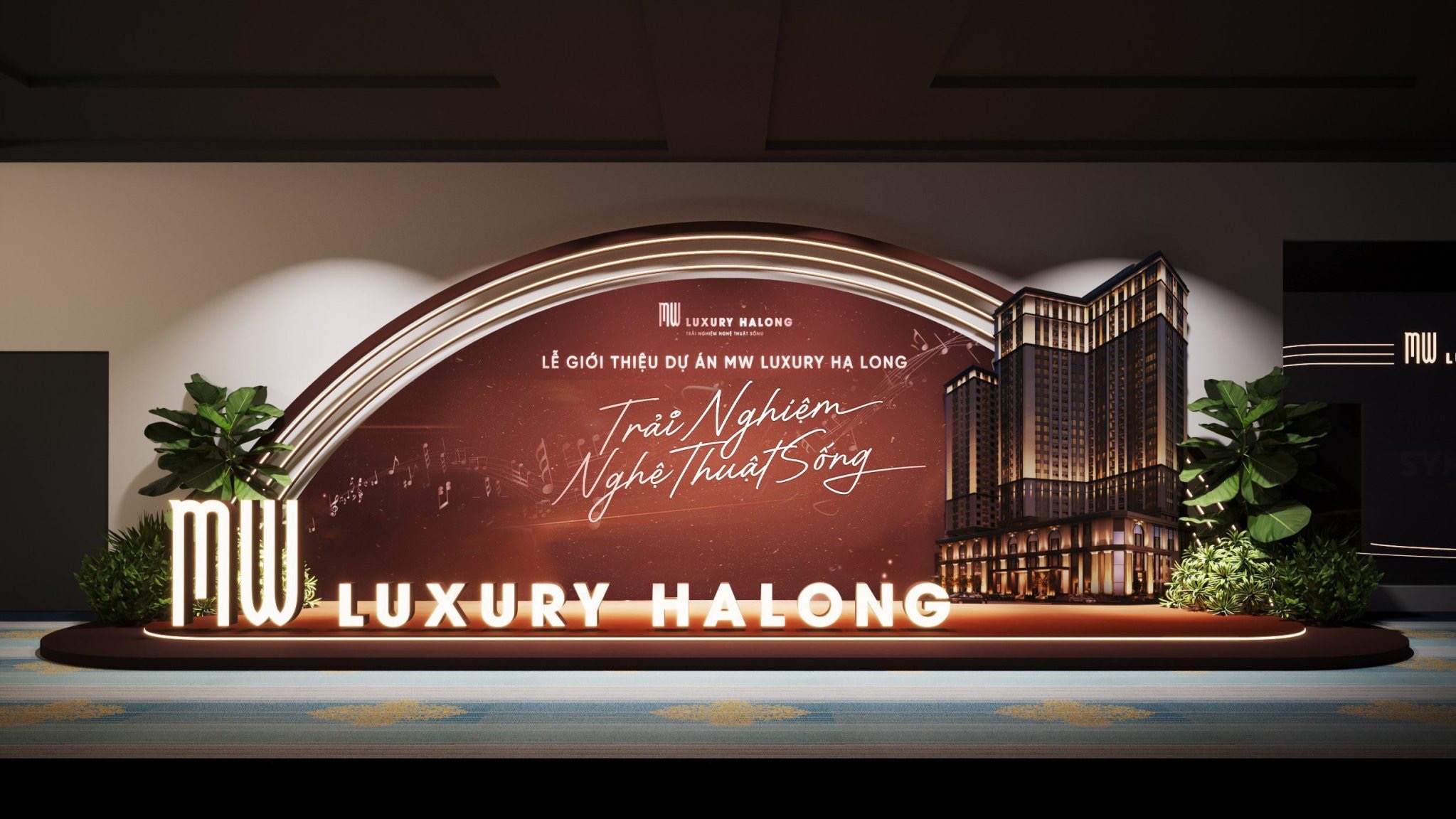 Phối cảnh thiết kế: phông chụp ảnh hình vòm với logo MW Luxury Halong và hình tòa nhà.