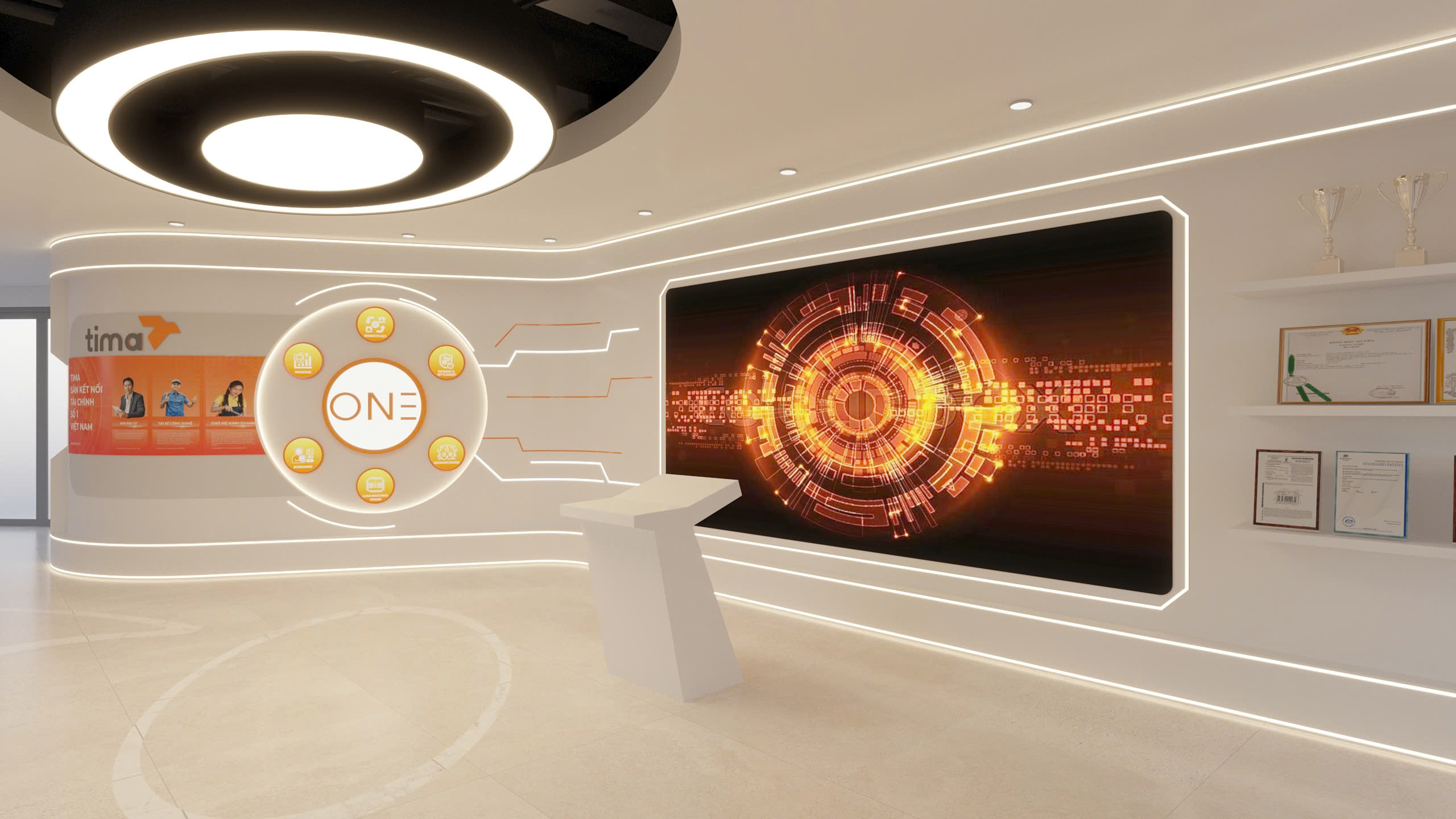 Tima design visualization: an interior with a white curved wall and glowing light lines, an orange Tima panel, a circular ONE emblem, a large screen showing an orange circular pattern, and a white display stand on a pale floor.